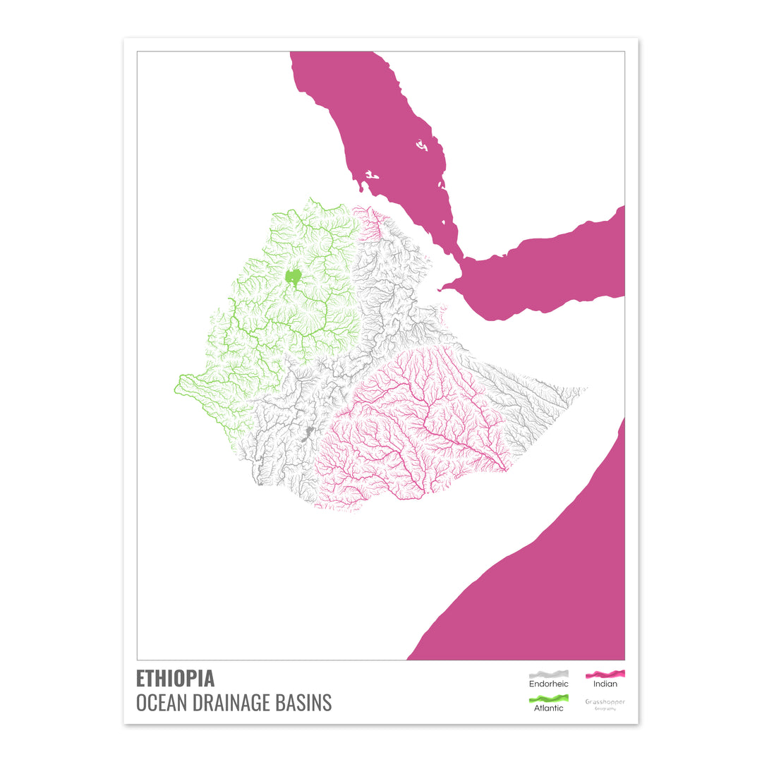 Ethiopia - Ocean drainage basin map, white with legend v2 - Photo Art Print