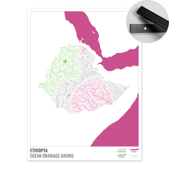 Etiopía - Mapa de la cuenca hidrográfica del océano, blanco con leyenda v2 - Impresión artística con colgador