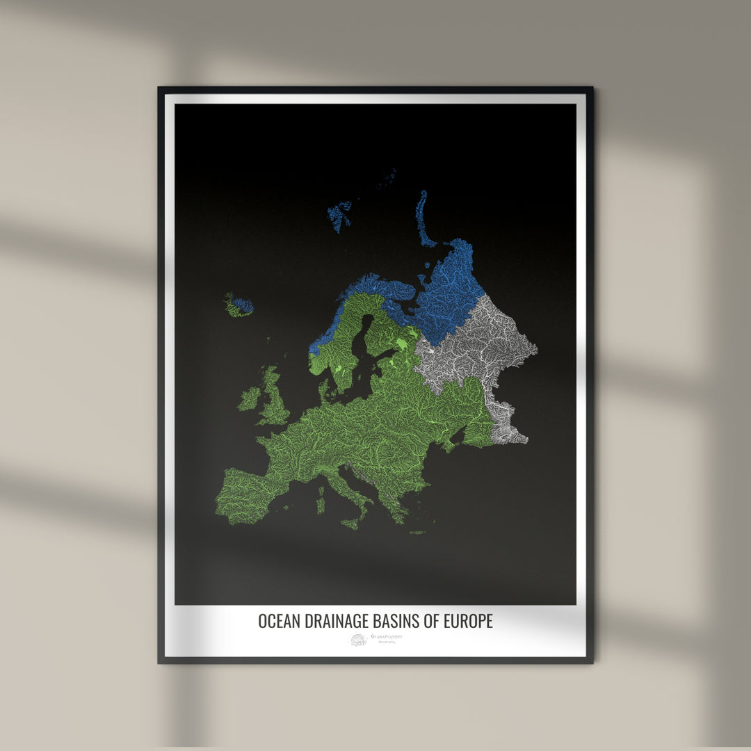 Europe - Carte des bassins hydrographiques océaniques, noir v1 - Fine Art Print