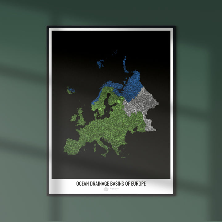 Europe - Carte des bassins hydrographiques océaniques, noir v1 - Tirage photo artistique