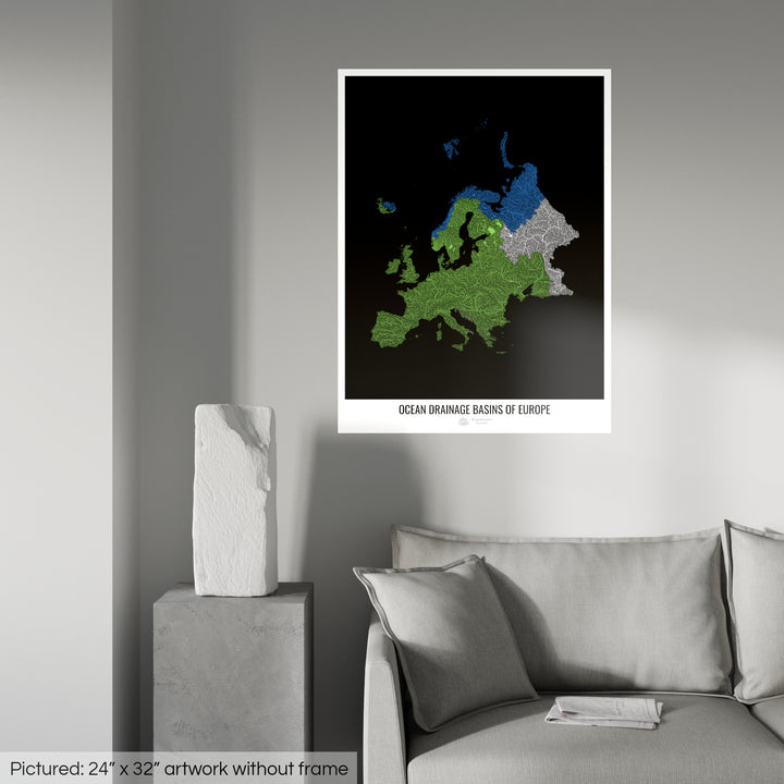 Europe - Ocean drainage basin map, black v1 - Photo Art Print