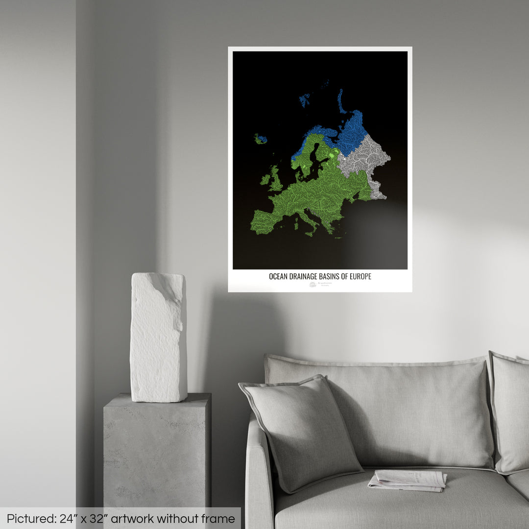 Europe - Ocean drainage basin map, black v1 - Photo Art Print