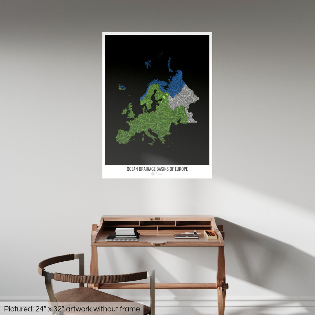Europe - Carte des bassins hydrographiques océaniques, noir v1 - Fine Art Print