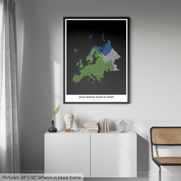 Europe - Ocean drainage basin map, black v1 - Framed Print