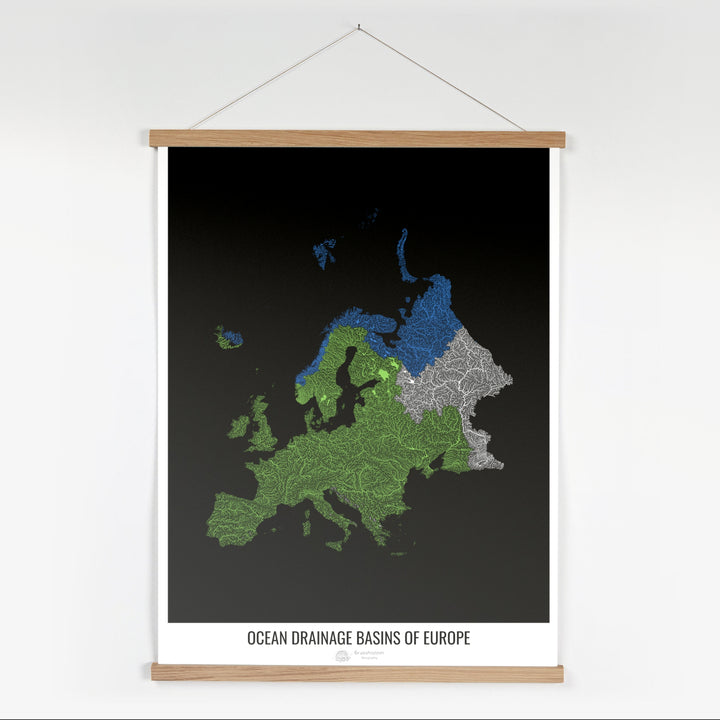Europe - Ocean drainage basin map, black v1 - Fine Art Print with Hanger