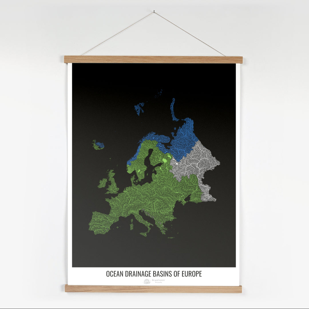 Europe - Carte des bassins hydrographiques océaniques, noir v1 - Tirage d'art avec cintre