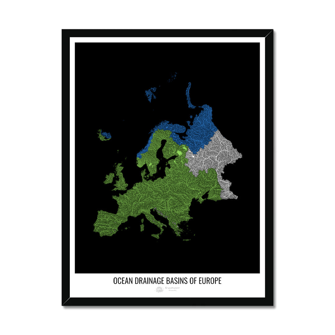 Europe - Ocean drainage basin map, black v1 - Framed Print