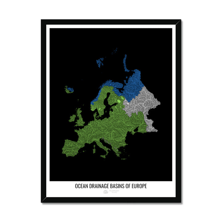 Europa - Mapa de la cuenca hidrográfica del océano, negro v1 - Lámina enmarcada