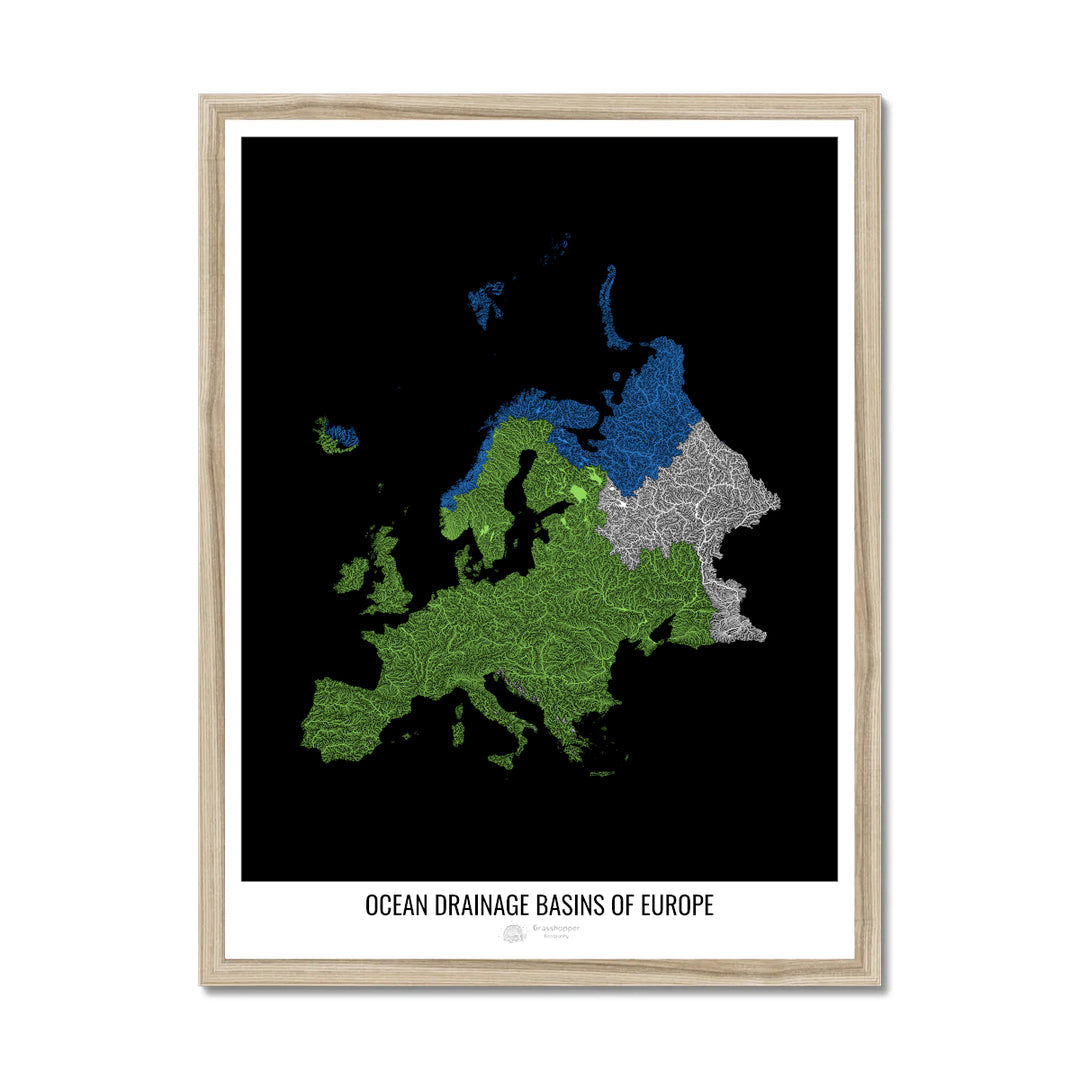 Europe - Ocean drainage basin map, black v1 - Framed Print