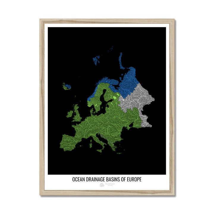 Europa - Mapa de la cuenca hidrográfica del océano, negro v1 - Lámina enmarcada