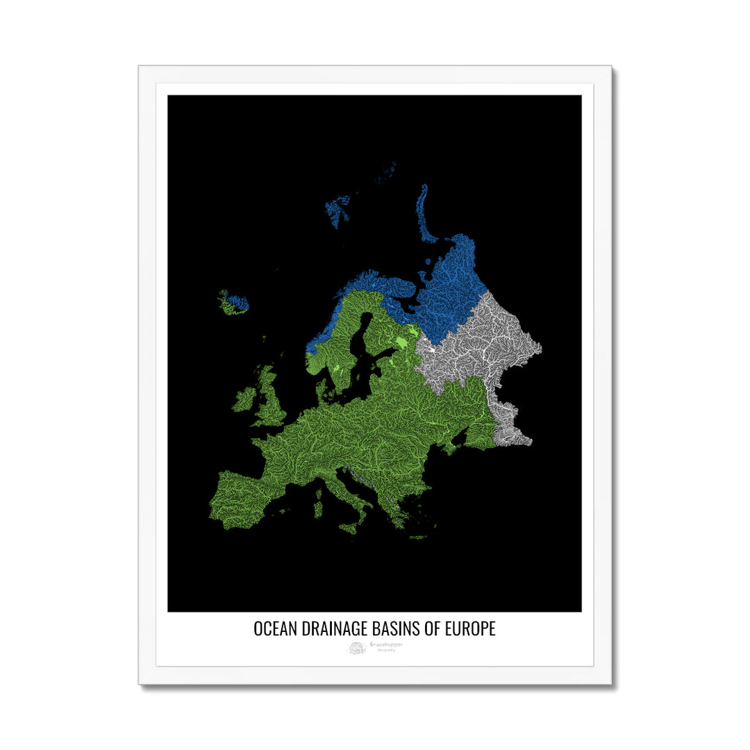 Europe - Carte des bassins versants océaniques, noir v1 - Impression encadrée