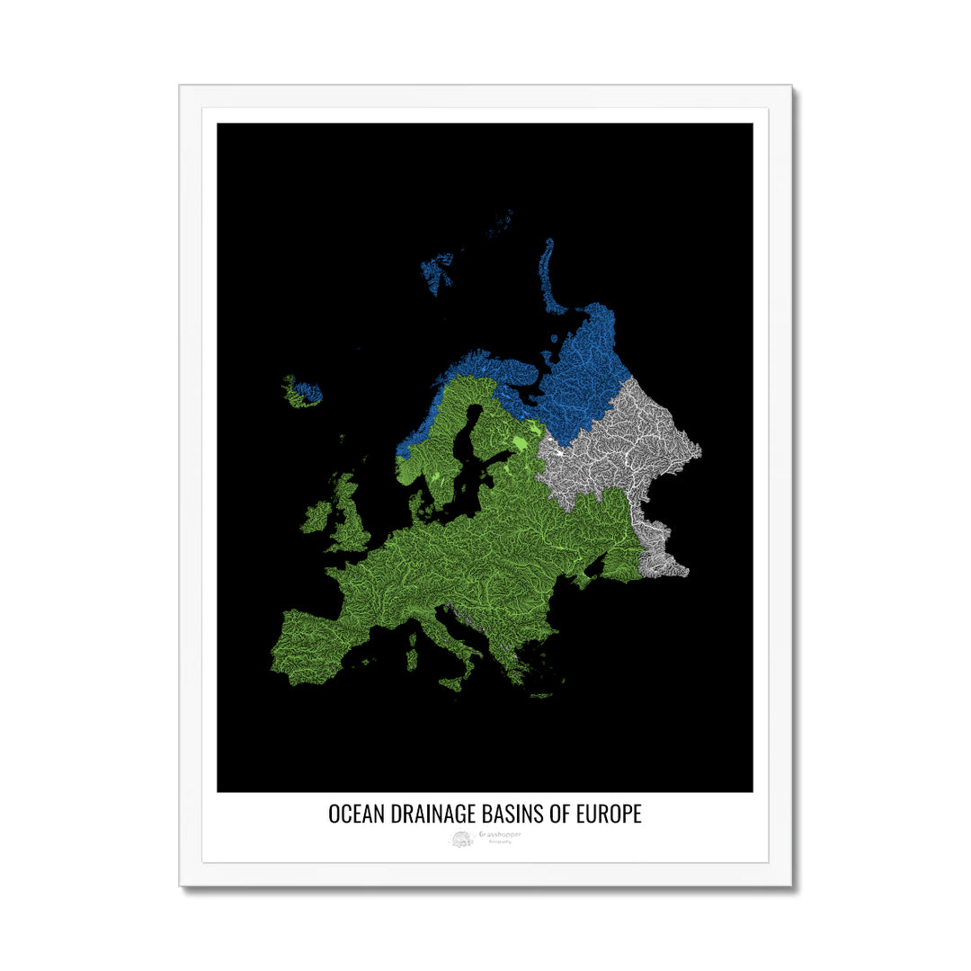 Europe - Ocean drainage basin map, black v1 - Framed Print