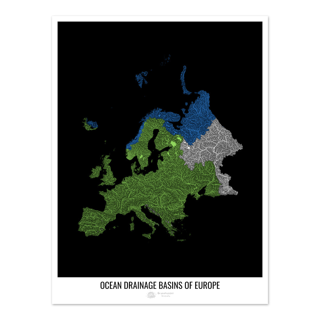 Europe - Ocean drainage basin map, black v1 - Photo Art Print