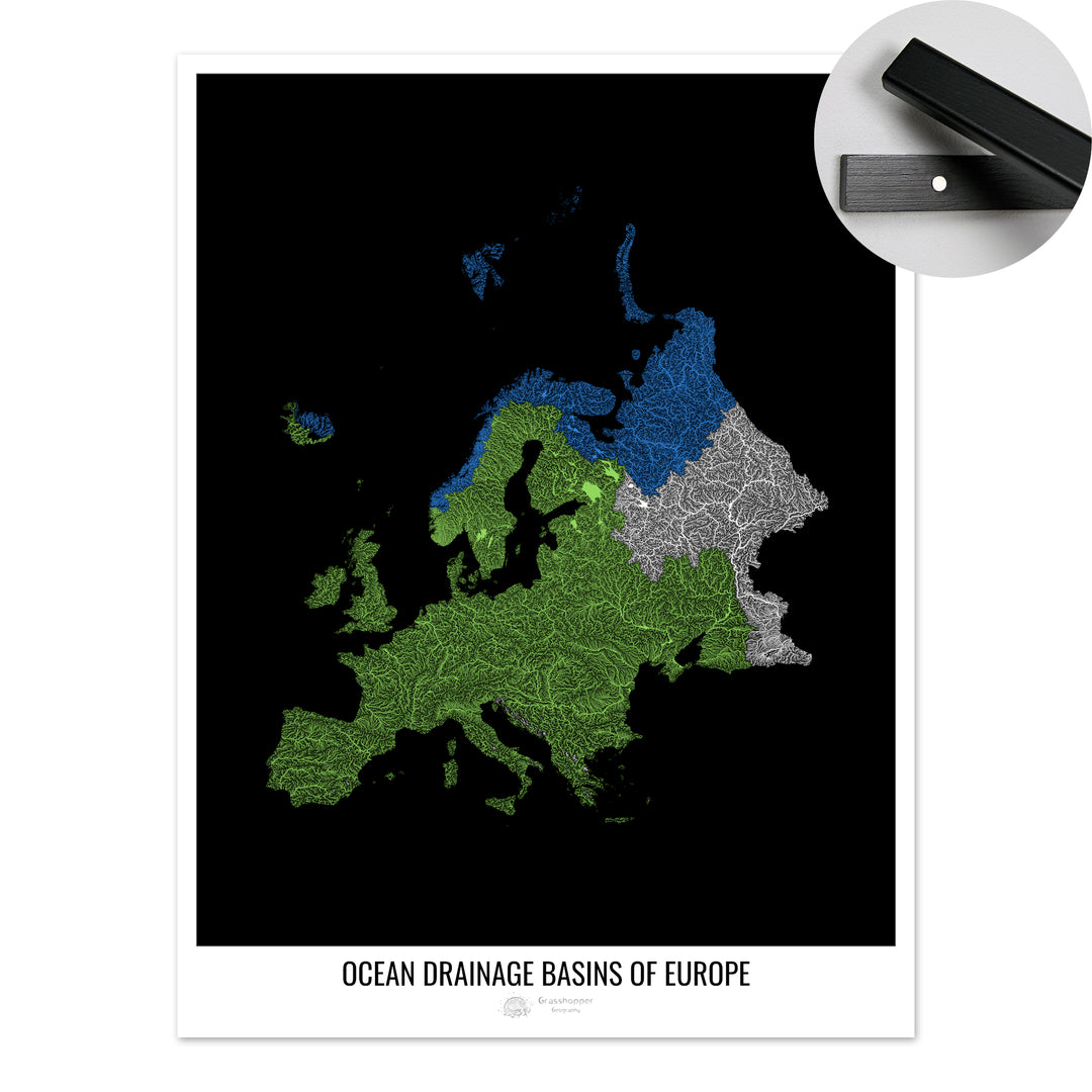 Europe - Carte des bassins hydrographiques océaniques, noir v1 - Tirage d'art avec cintre