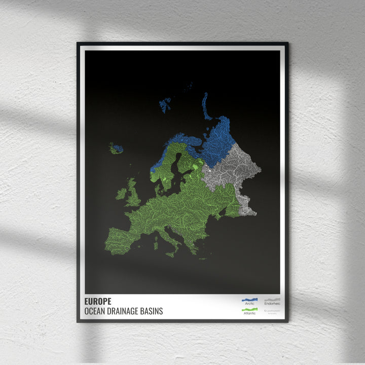 Europe - Carte des bassins hydrographiques océaniques, noire avec légende v1 - Tirage photo artistique
