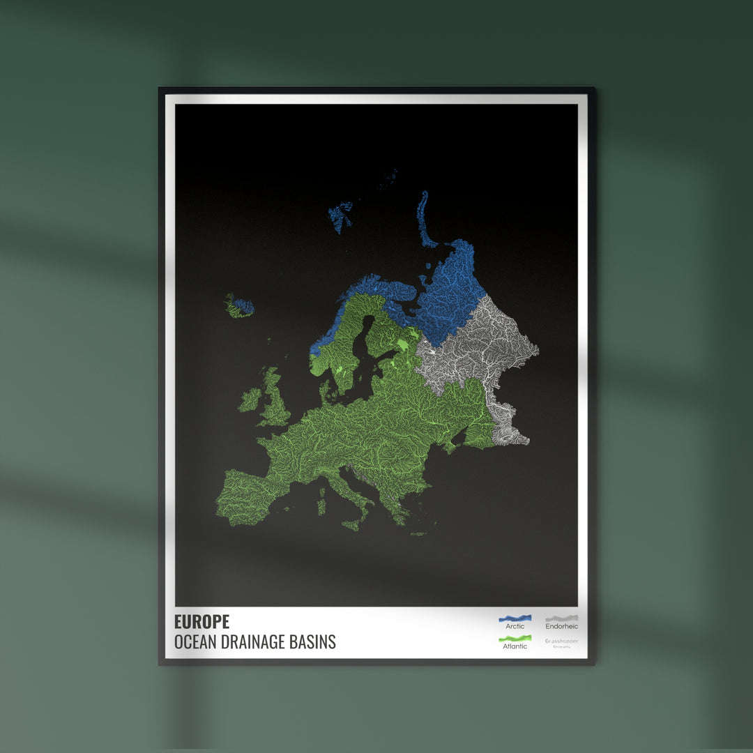 Европа - Карта океанического водосборного бассейна, черная с легендой, версия 1 - Художественная печать