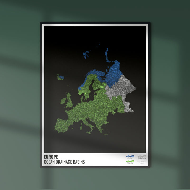 Европа - Карта океанического водосборного бассейна, черная с легендой, версия 1 - Художественная печать