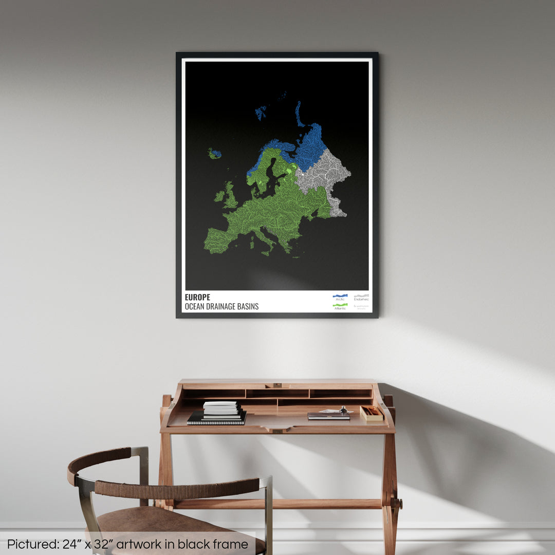 Europe - Carte des bassins versants océaniques, noire avec légende v1 - Impression encadrée