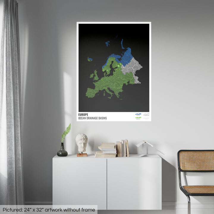 Europa - Mapa de la cuenca hidrográfica del océano, negro con leyenda v1 - Impresión de bellas artes