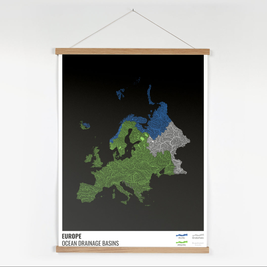 Europa - Mapa de la cuenca hidrográfica del océano, negro con leyenda v1 - Impresión artística con colgador