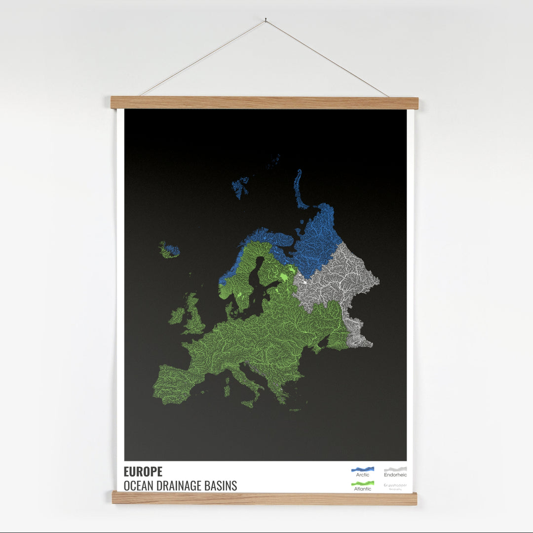 Europe - Ocean drainage basin map, black with legend v1 - Fine Art Print with Hanger