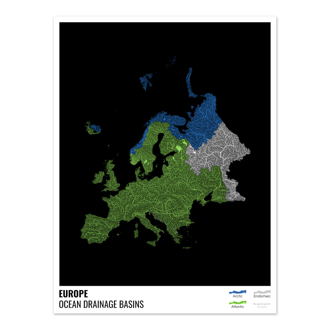 Europa - Mapa de la cuenca hidrográfica del océano, negro con leyenda v1 - Impresión de bellas artes