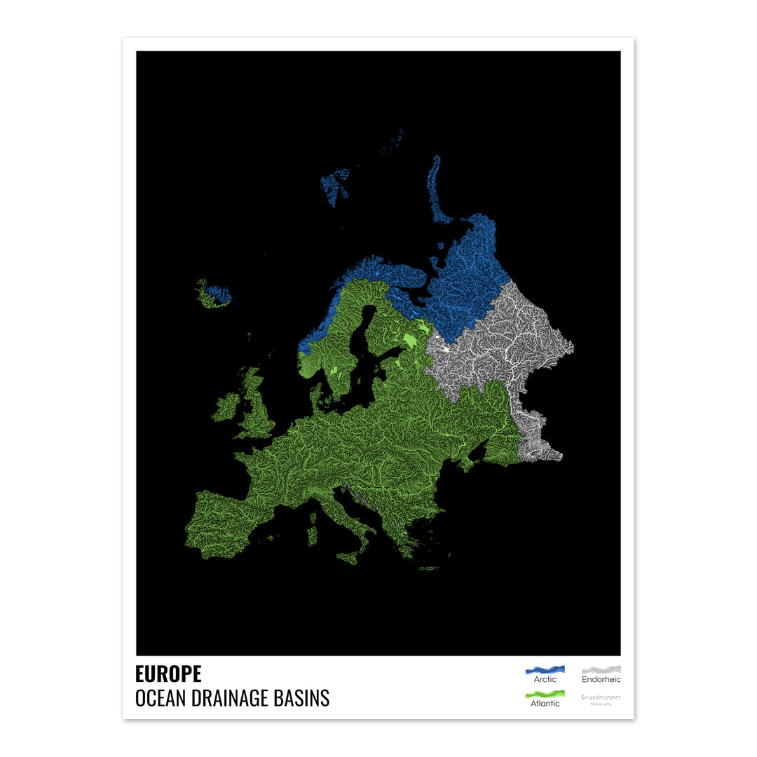 Europe - Ocean drainage basin map, black with legend v1 - Photo Art Print