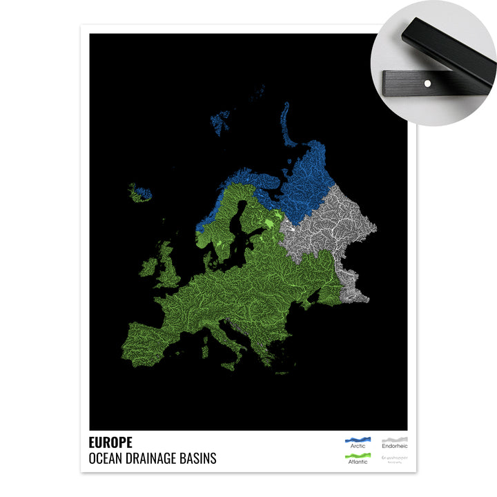 Europe - Ocean drainage basin map, black with legend v1 - Fine Art Print with Hanger