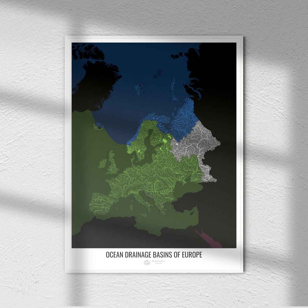 Europe - Carte des bassins hydrographiques océaniques, noir v2 - Tirage photo artistique