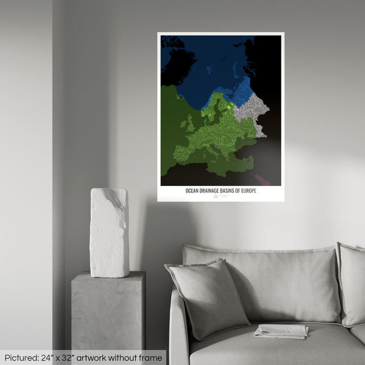 Europe - Ocean drainage basin map, black v2 - Photo Art Print