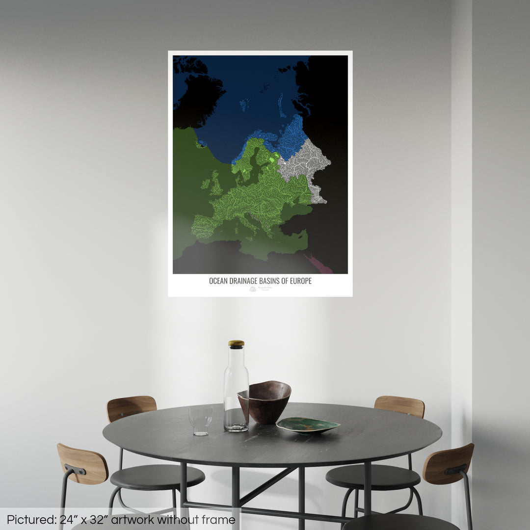 Europe - Carte des bassins versants océaniques, noir v2 - Fine Art Print
