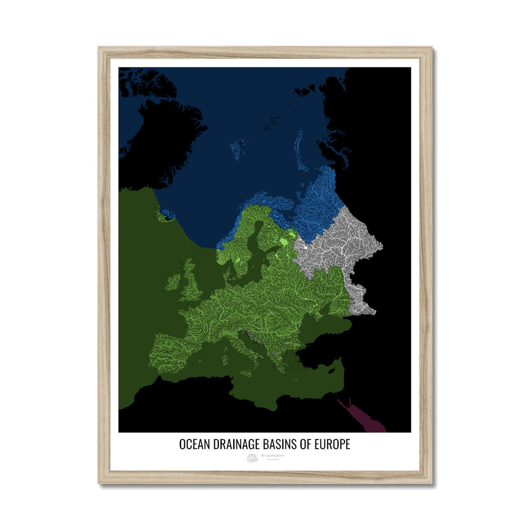 Europa - Mapa de la cuenca hidrográfica del océano, negro v2 - Lámina enmarcada