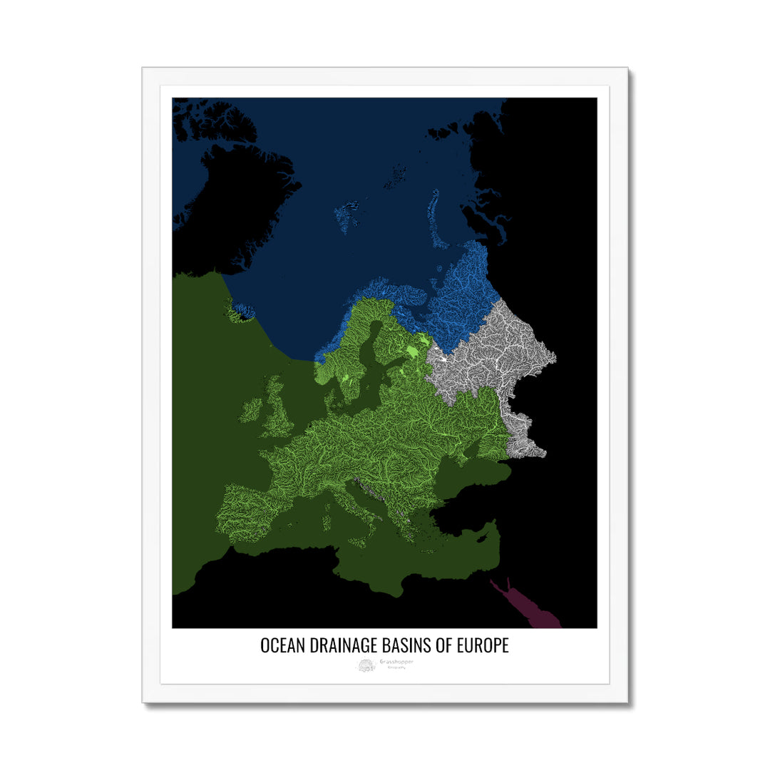 Europe - Ocean drainage basin map, black v2 - Framed Print