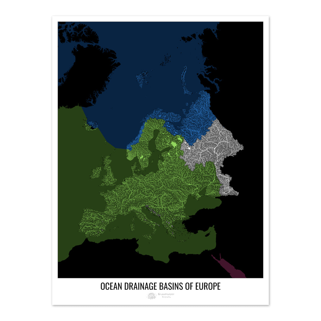 Europe - Ocean drainage basin map, black v2 - Fine Art Print