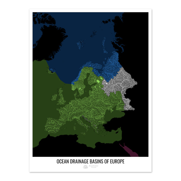 Europa - Mapa de la cuenca hidrográfica del océano, negro v2 - Impresión de bellas artes