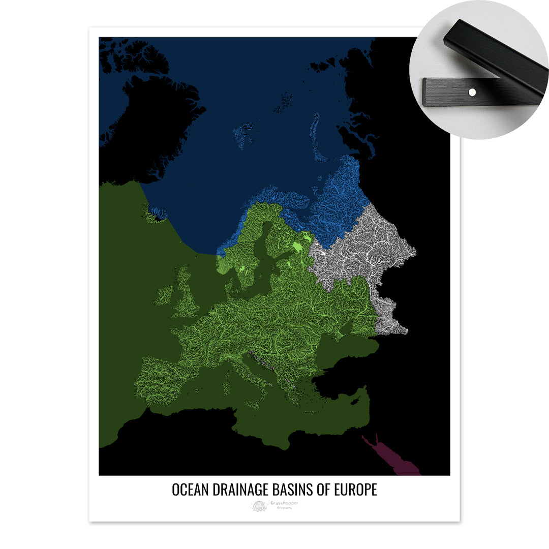 Europe - Ocean drainage basin map, black v2 - Fine Art Print with Hanger