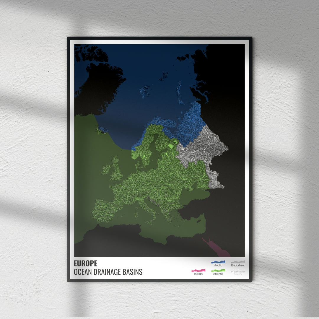 Europe - Carte des bassins hydrographiques océaniques, noire avec légende v2 - Photo Art Print