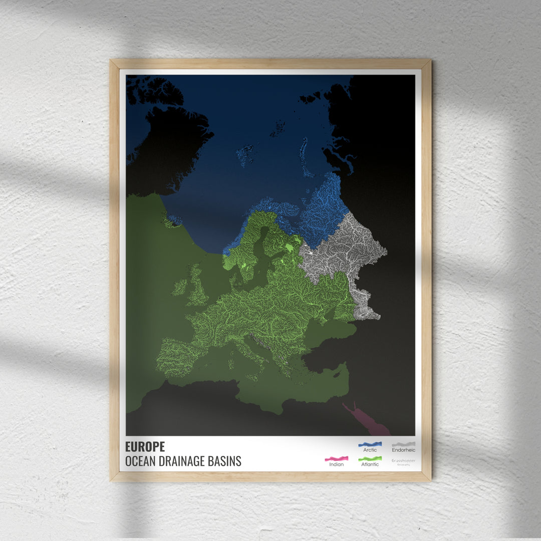 Europa - Mapa de la cuenca hidrográfica del océano, negro con leyenda v2 - Impresión de bellas artes