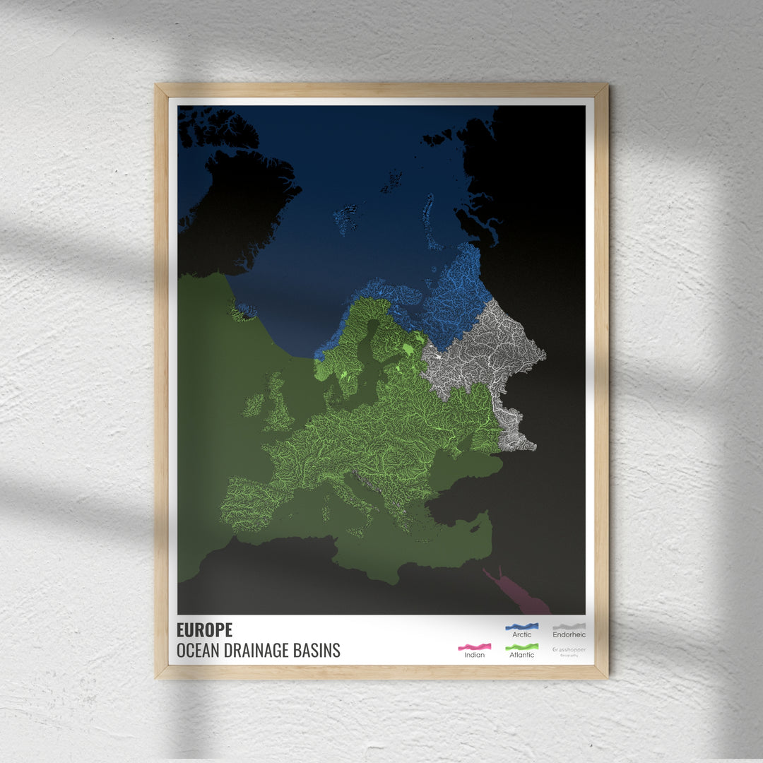 Europe - Ocean drainage basin map, black with legend v2 - Fine Art Print