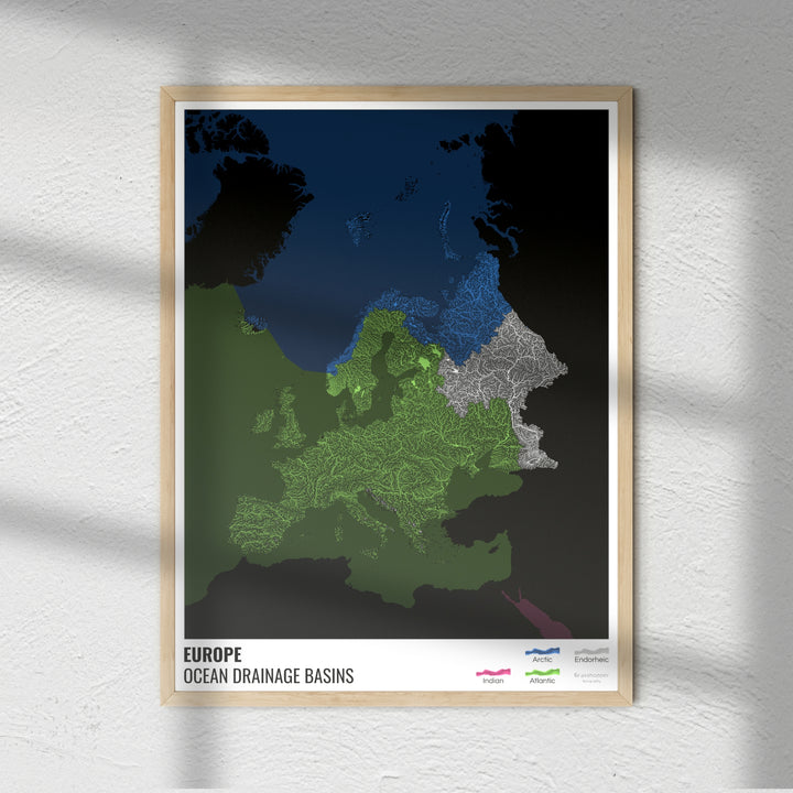 Europe - Carte des bassins hydrographiques océaniques, noire avec légende v2 - Fine Art Print