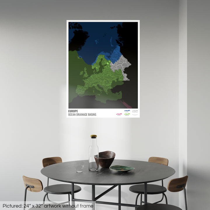 Europe - Ocean drainage basin map, black with legend v2 - Fine Art Print