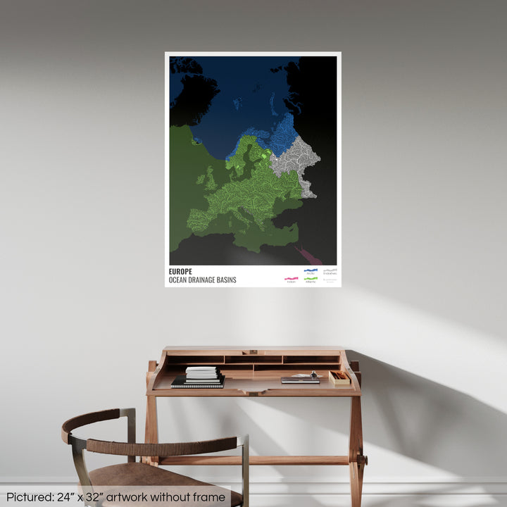 Europe - Carte des bassins hydrographiques océaniques, noire avec légende v2 - Photo Art Print