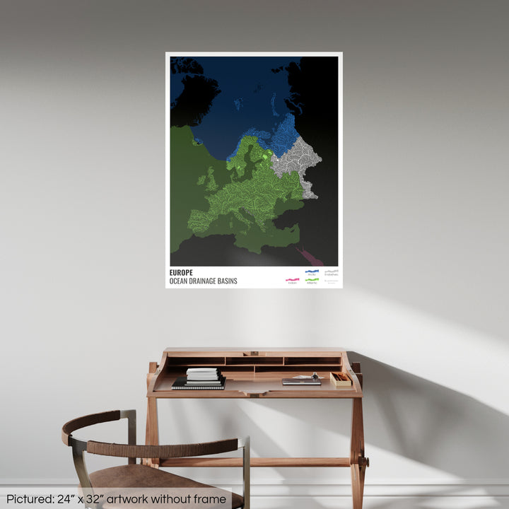 Europe - Ocean drainage basin map, black with legend v2 - Photo Art Print