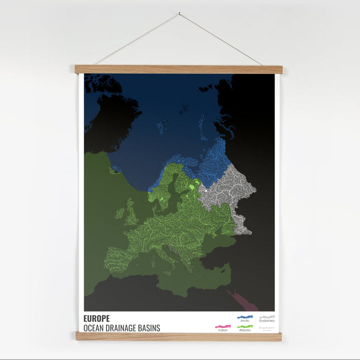 Europe - Ocean drainage basin map, black with legend v2 - Fine Art Print with Hanger