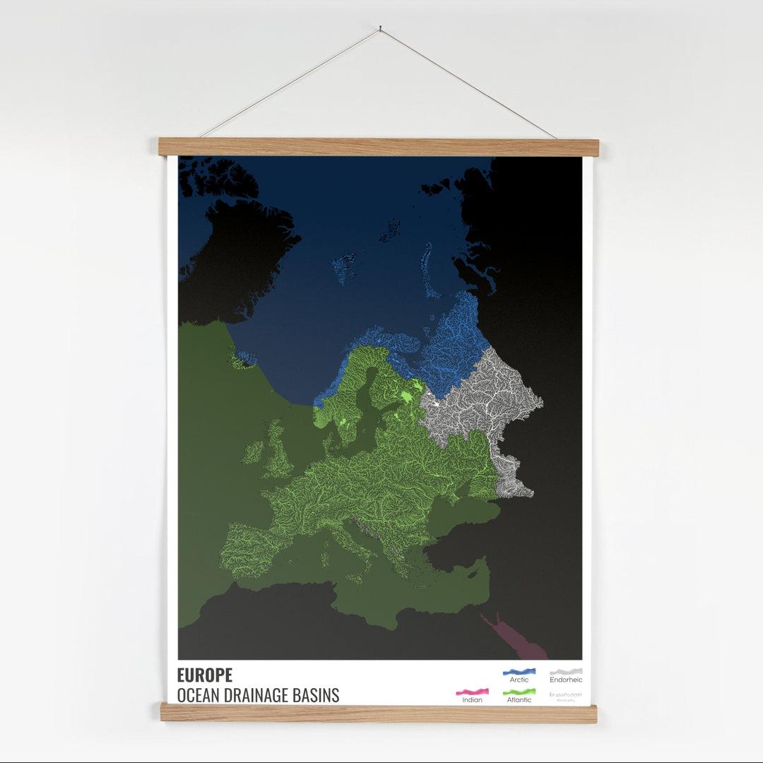Europa - Mapa de la cuenca hidrográfica del océano, negro con leyenda v2 - Impresión artística con colgador