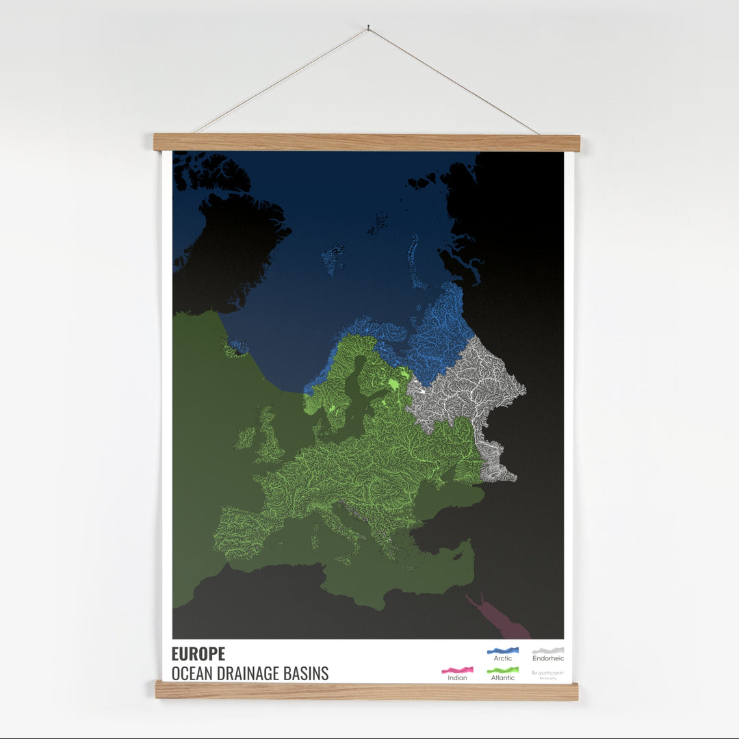 Europe - Carte des bassins versants océaniques, noire avec légende v2 - Tirage d'art avec cintre