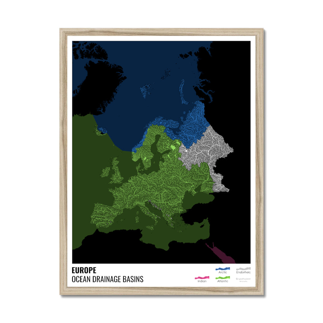 Europa - Mapa de la cuenca hidrográfica del océano, negro con leyenda v2 - Lámina enmarcada