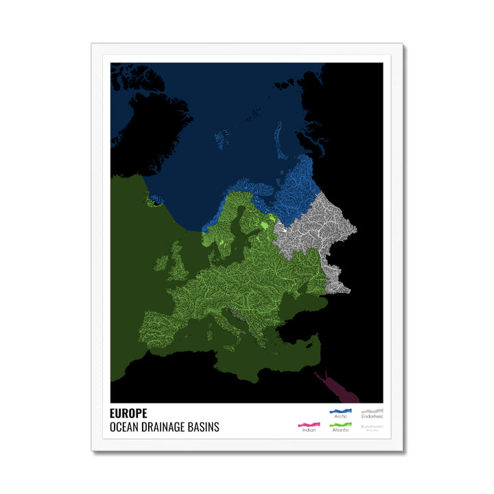 Europe - Carte des bassins versants océaniques, noire avec légende v2 - Impression encadrée