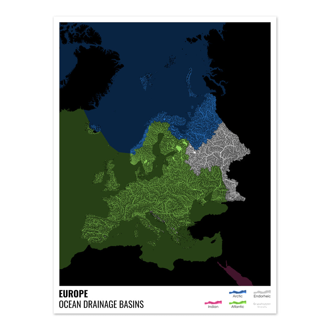 Europa - Mapa de la cuenca hidrográfica del océano, negro con leyenda v2 - Impresión de bellas artes