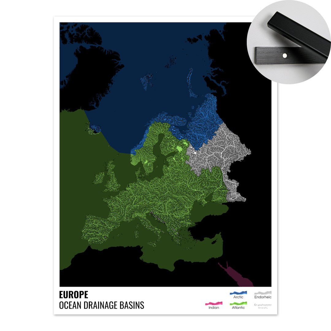 Europa - Mapa de la cuenca hidrográfica del océano, negro con leyenda v2 - Impresión artística con colgador